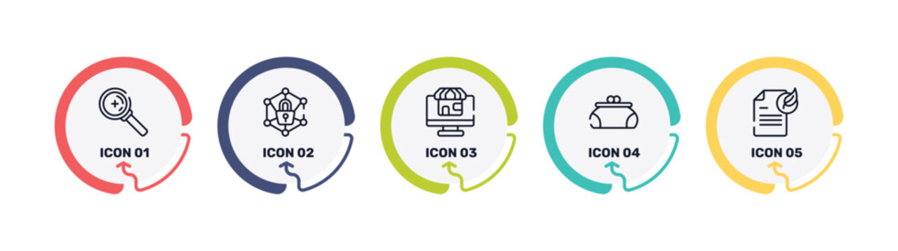 marketing and seo outline icon set featuring zoom or search, private network, web shop, women puser icons.