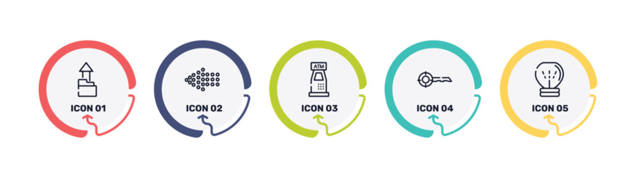 seo and online marketing outline icon set featuring upload folder, left dots arrow, atm hine, keywords icons.