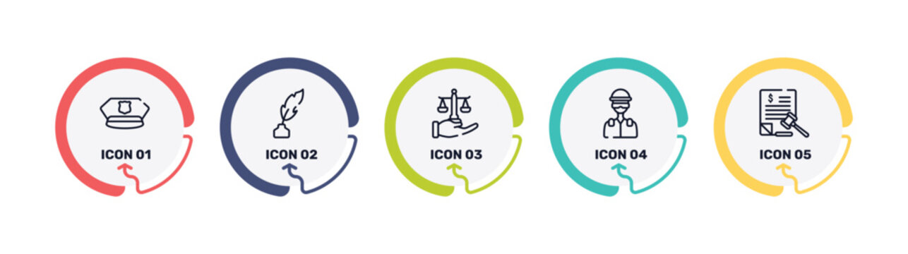 law and justice outline icon set featuring police cap, feather pen, justice scales in hand, icons.