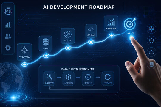 AI development roadmap touch interface with strategy data model evaluate impact and data driven refinement for digital transformation and AI development strategy presentation