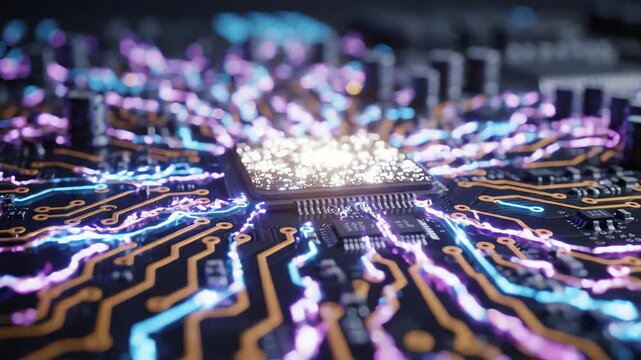 Cinematic macro shot of a futuristic electronic circuit board with flowing light pulses illustrating brain computer interface technology