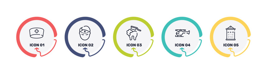 medical instruments outline icon set featuring doctor cap, forehead, brushing teeth, chopper icons. © VectorStockDesign