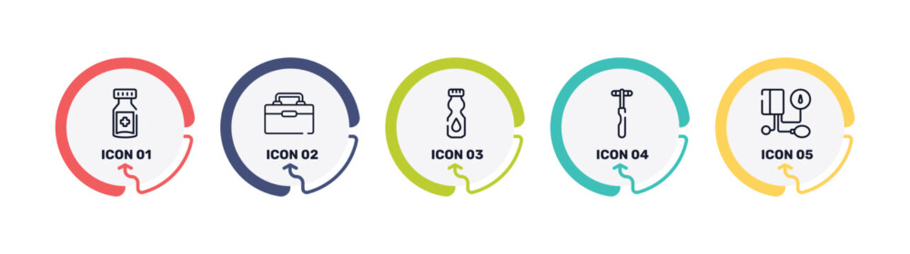 medicine outline icon set featuring medicine jar, organ container, talcum powder, neurology reflex hammer icons.