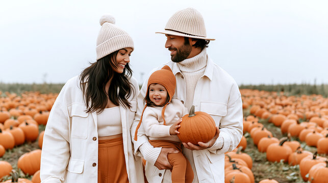 Modern family pumpkin patch walk, parent hold toddler plus pumpkin, autumn harvest season lifestyle, cozy knit outfit, outdoor farm field, seasonal Halloween holiday celebration mood.