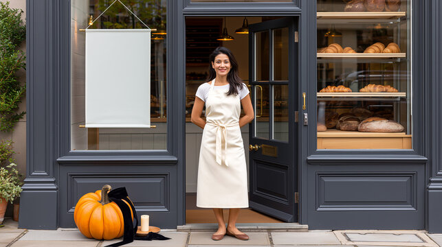 Halloween bakery cafe storefront with blank banner copy space, pumpkin decor and bread display, barista welcoming customers, autumn seasonal sale promotion and marketing concept for small business.