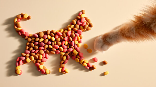 Cat kibble flat lay forming cat silhouette, playful paw reaching into dry pet food, minimalist light background, natural nutrition branding concept, colorful pellet texture, modern pet lifestyle ad.