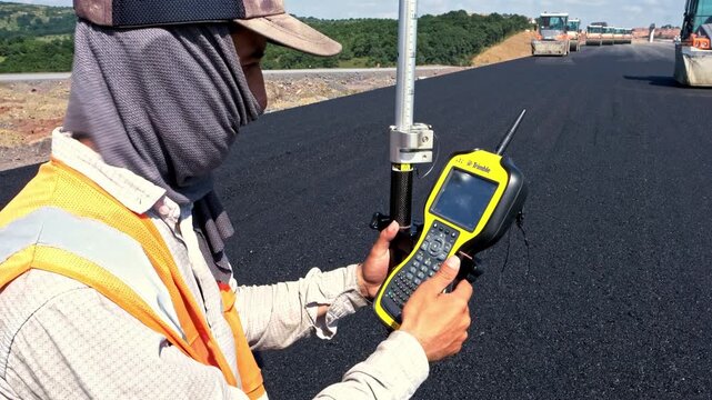 Surveyor using GPS measurement equipment on a freshly paved highway construction site, with road rollers compacting asphalt in the background under a clear blue sky.