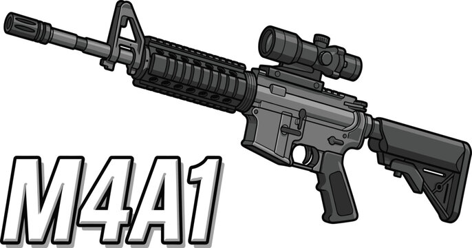 Vector illustration of an M4A1 tactical carbine assault rifle equipped with an optical scope sight and picatinny rail system featuring bold M4A1 typography text on white background