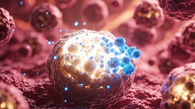 Cinematic microscopic view of organic cellular structures reacting to genetic therapy within a fluid medical environment