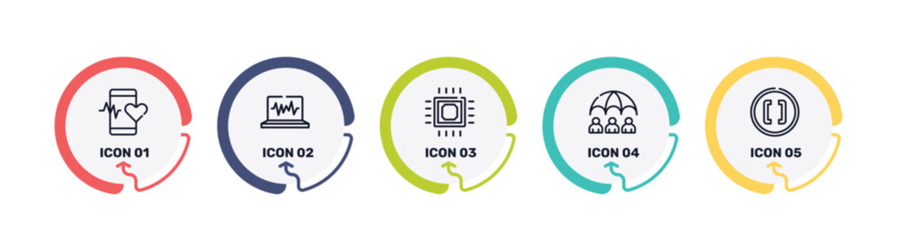 math symbols outline icon set featuring medical app, electrocardiogram, microprocessor, life insurance icons.