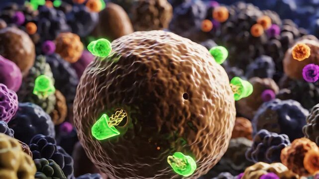 Cinematic microscopic visualization of gene therapy vectors entering a biological cell to deliver therapeutic genetic material for medical research