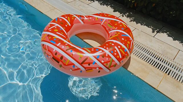 Colorful donut inflatable ring floating near the edge of a clear blue swimming pool, bright sunny summer scene with shimmering water reflections and green hedge background