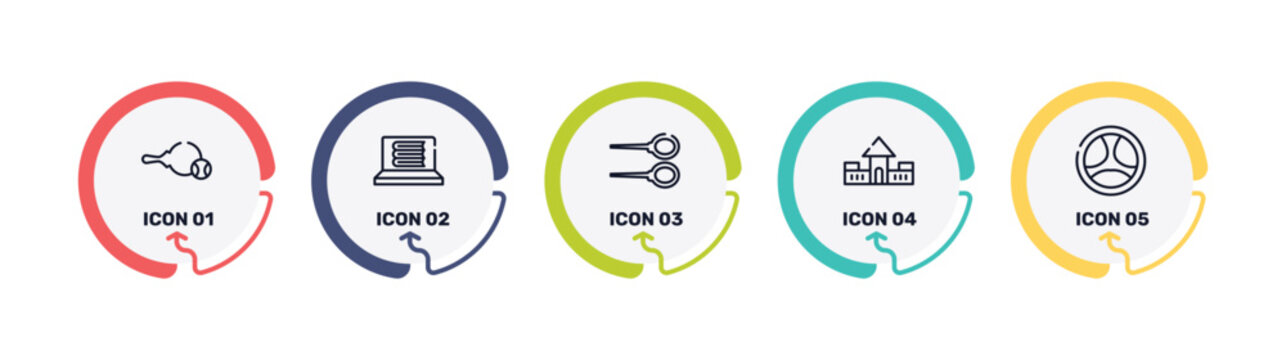 driving school outline icon set featuring table tennis, e-learning, badminton, fort icons.