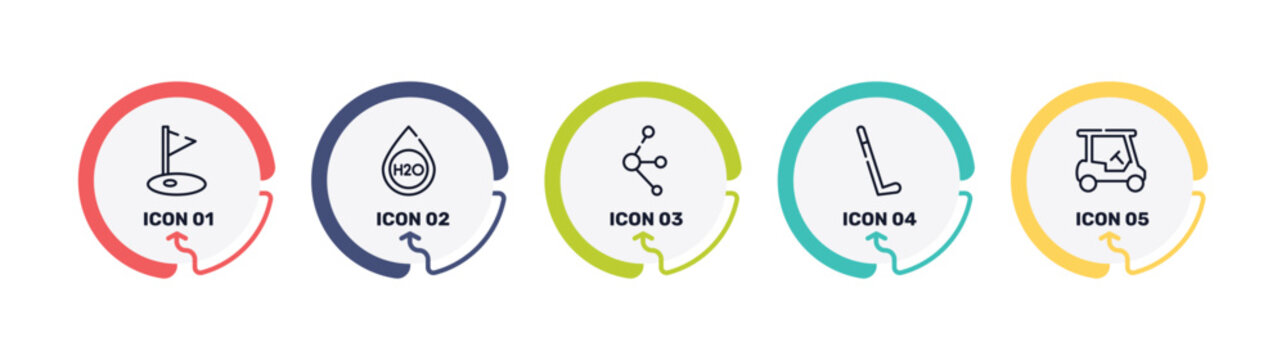 sports outline icon set featuring golf field, h2o, molecules, hockey stick icons.