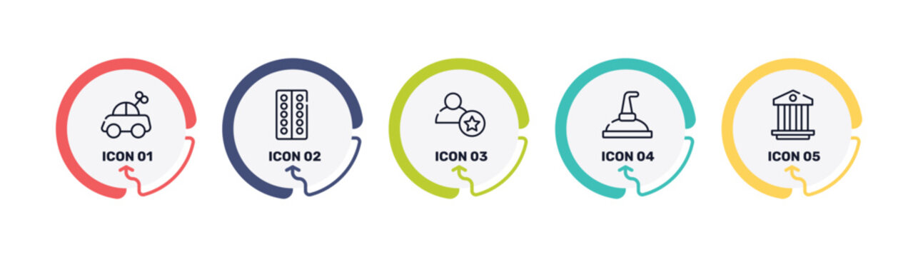 learning outline icon set featuring toy car, blister, novice, still icons.