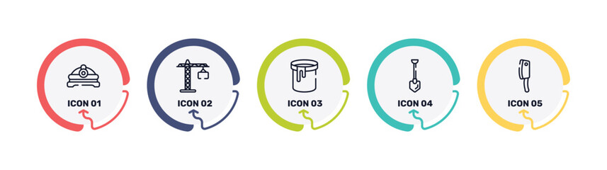 cutting tool outline icon set featuring torch helmet, null, paint can open, long shovel icons. © VectorStockDesign
