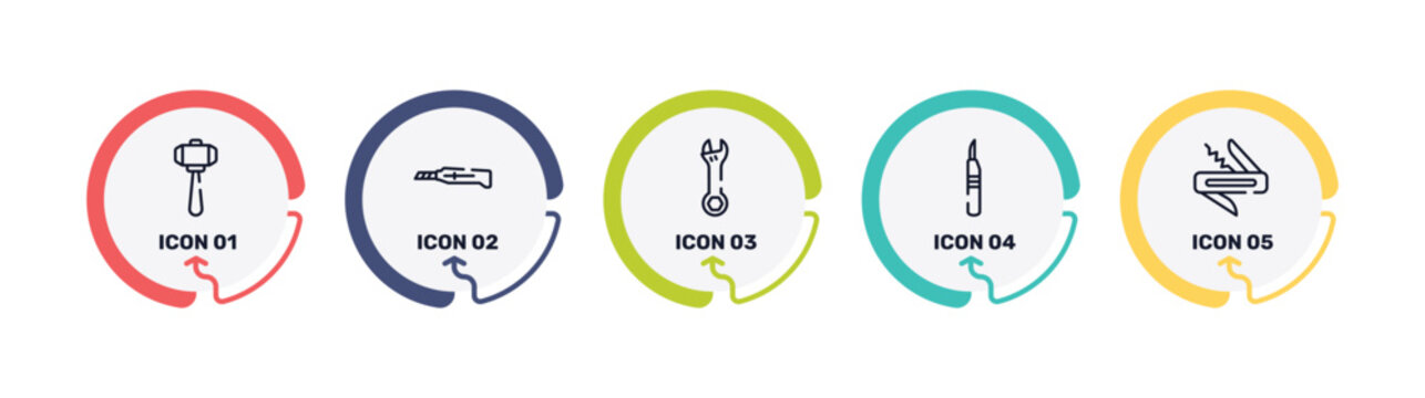 construction elements outline icon set featuring big hammer, stationery knife, adjustable wrench, leather cutter icons.