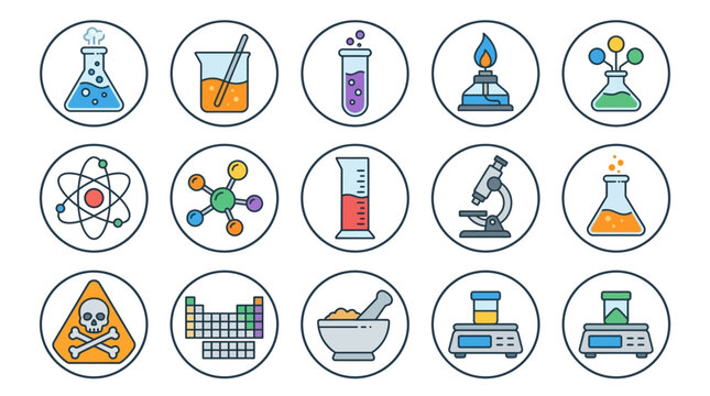 Lab equipment icons showcase various science tools and symbols