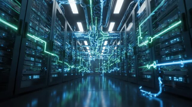 Cinematic slow movement through a high tech server room with glowing energy lines representing secure enterprise blockchain technology
