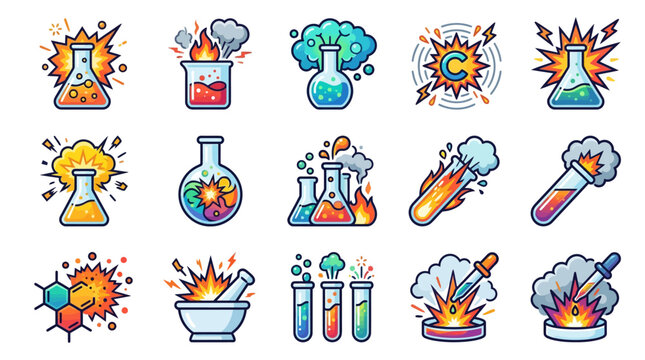 Various colorful laboratory equipment explodes with chemicals and smoke