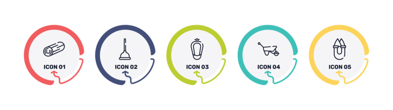 fashion design outline icon set featuring woods, plunger, urinal, barrow icons.