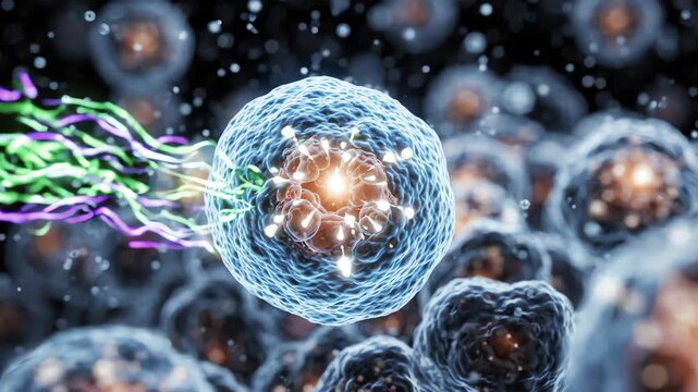 Close up macro shot of biological cells reacting to vibrant energy pulses representing advanced molecular gene therapy and CRISPR technology