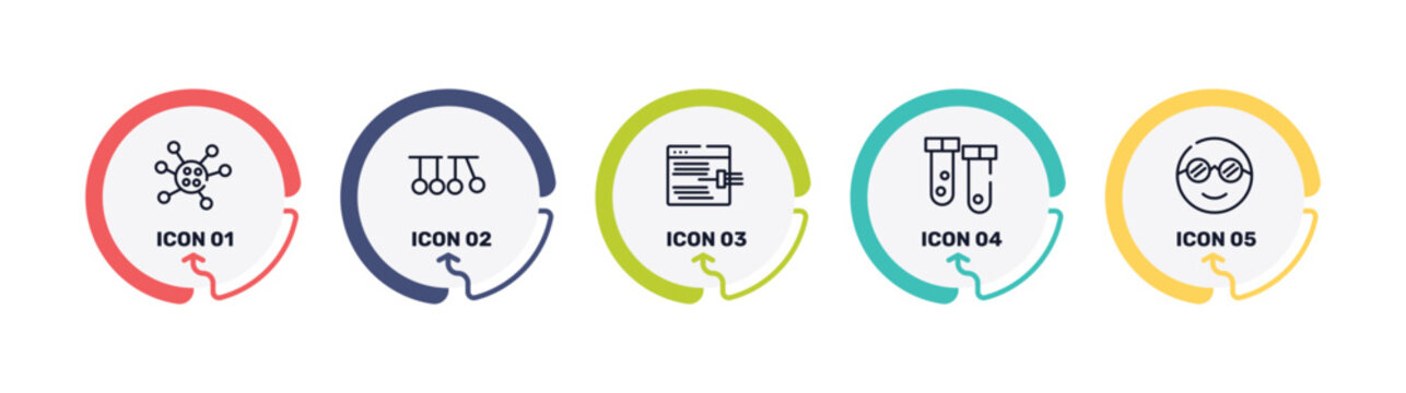 learning outline icon set featuring germs, newton cradle, code injection, test tubes icons.