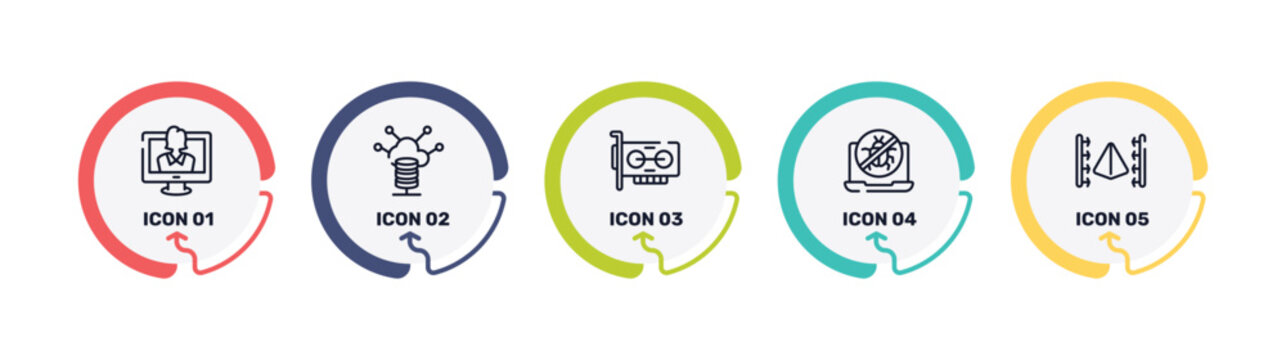 computer functions outline icon set featuring talk show, server control, adapter, no virus icons.