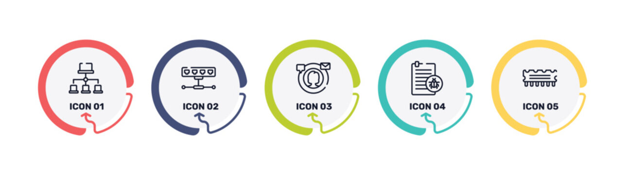 computer functions outline icon set featuring site map, network hub, digital campaign, corrupt file icons.