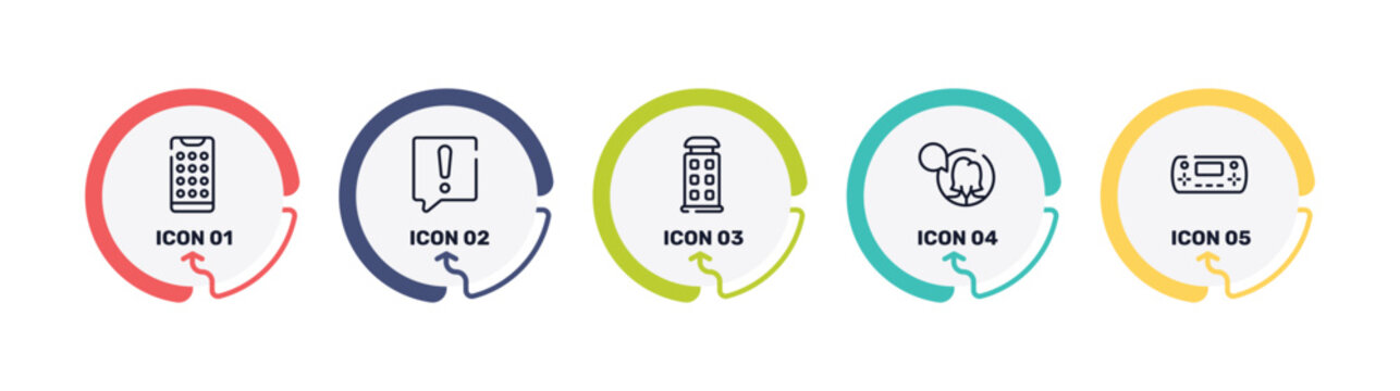 smart devices outline icon set featuring phone menu, warning speech bubble, phonebooth, female user talking icons.