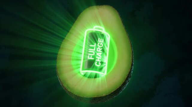 Halved avocado containing a glowing battery symbol with full charge text. Concept of healthy superfood diet nutrition providing natural body energy and vitality.