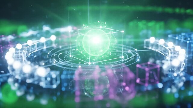 Quantum processor displaying complex computational network, glowing digital elements, intricate data flow, interconnected energetic structures, advanced computing innovation.