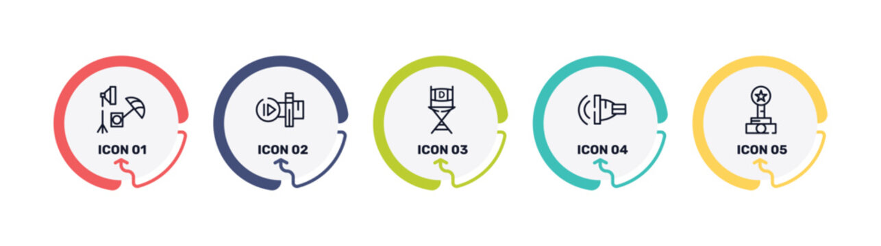 cinema outline icon set featuring studio, slow motion, film director, ventriloquist icons.
