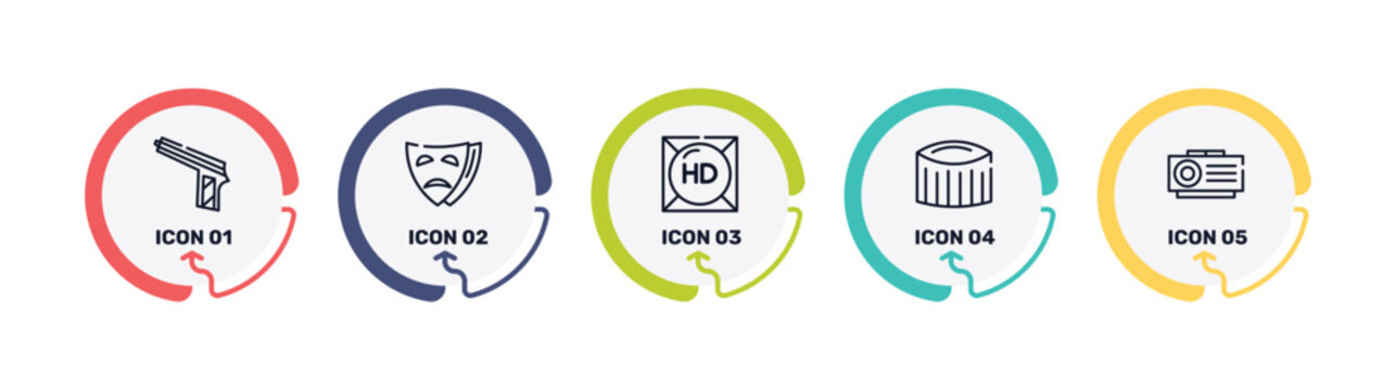 cinema outline icon set featuring hitman, tragedy, hd, zoetrope icons.