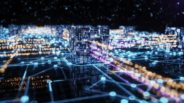High tech digital network animation showcasing secure asset tracking and transparent data flow across an enterprise blockchain grid