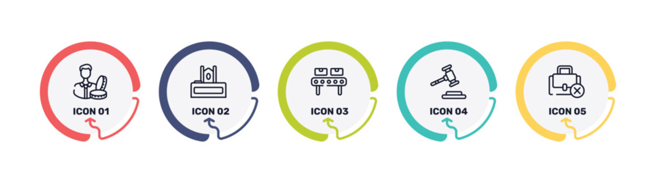 jobless outline icon set featuring accredited, judge chair, manufacture, gavel icons.