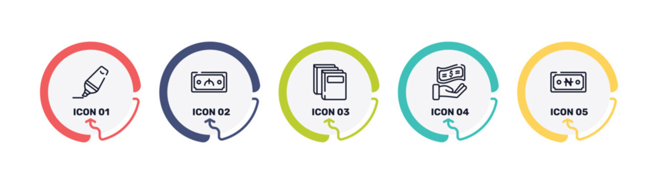 strategy outline icon set featuring real state, dollar, distributed, biometric icons.