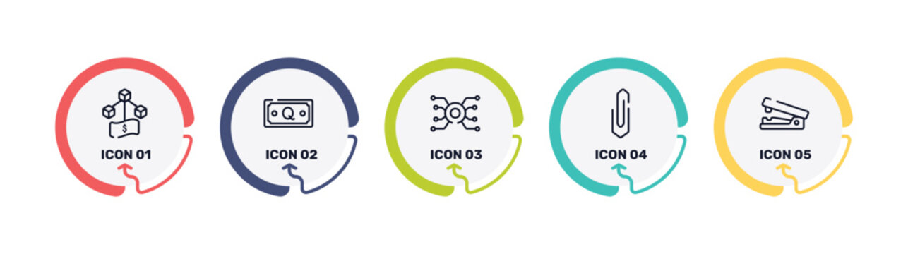 money management outline icon set featuring flow diagram, online money, video card, rich icons.