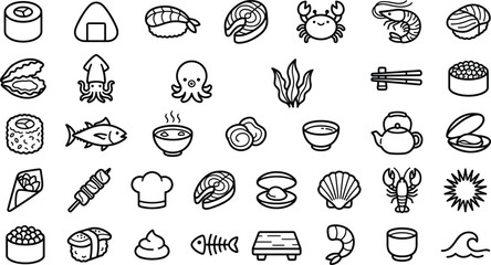 Japanese Sushi Restaurant Seafood Cuisine and Traditional Asian Gastronomy Elements Outline Line Icon Set for Apps © Nurzahan