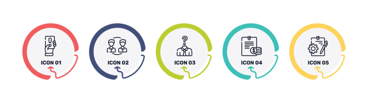 business management outline icon set featuring penalty, peer to peer, anonymity, planing icons.