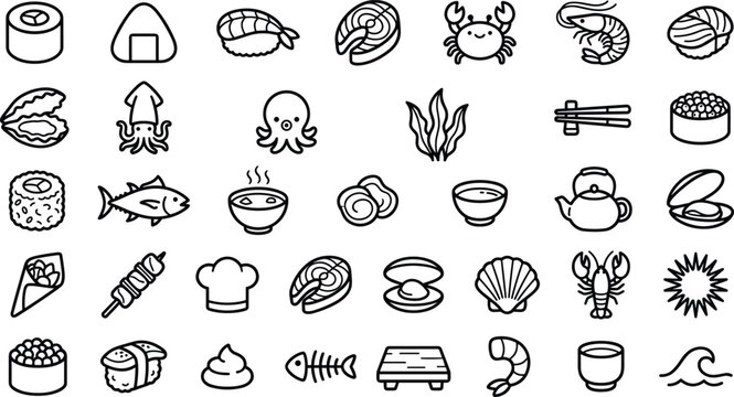 Japanese Sushi Restaurant Seafood Cuisine and Traditional Asian Gastronomy Elements Outline Line Icon Set for Apps