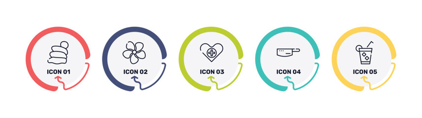 spa icons outline icon set featuring snail slime, jasmine, health care, kitchen pack icons. © VectorStockDesign