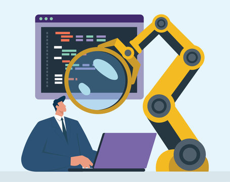 Automated Code Review Concept: Robotic Quality Assurance, Software Testing, AI Programming, Code Analysis, Developer Workflow