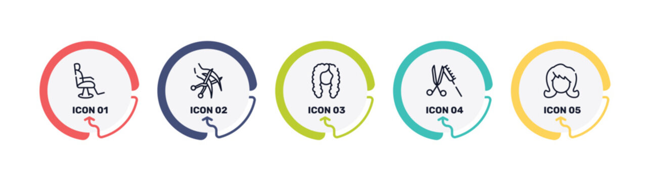 hair salon outline icon set featuring barber chair, haircut, curled black long female hair shape, scissor and comb icons.