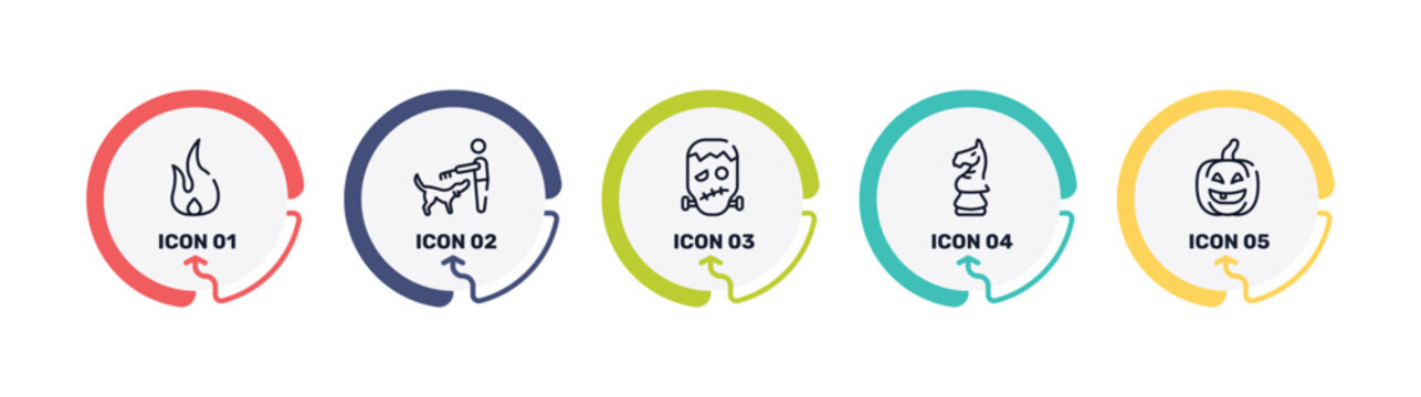 halloween outline icon set featuring fire flame, man combing a dog, frankenstein, horse head chess piece icons.