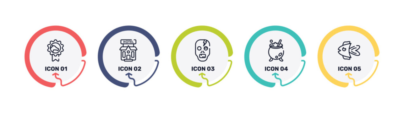 funny animals outline icon set featuring horse races badge, pets hotel, zombie, cauldron icons.
