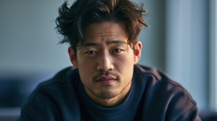 Fototapeta premium Neurodiversity Workplace Young Korean Man In Soft Light