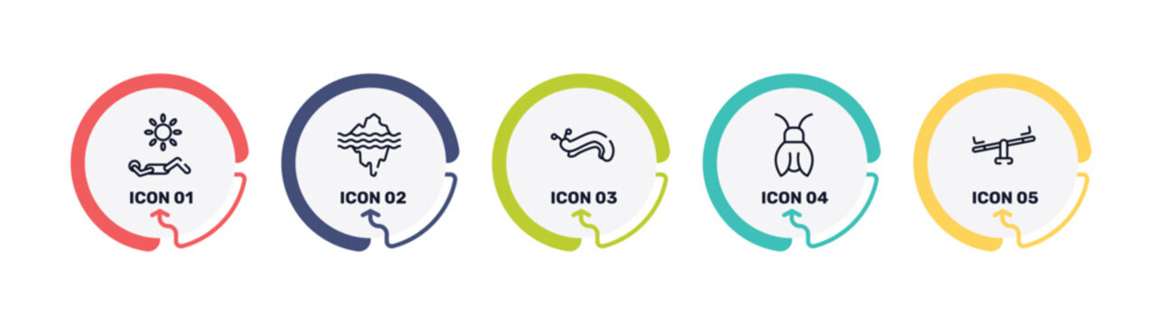 city park outline icon set featuring sunbathing, glacier, slug, cicada icons.