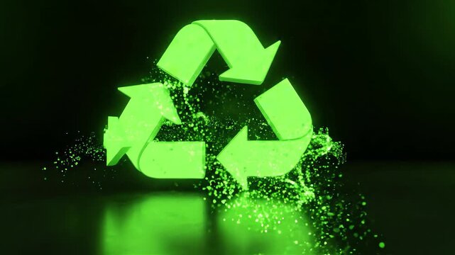 Abstract 3D motion graphics of glowing green arrows forming a continuous loop symbolizing circular economy and sustainable waste management