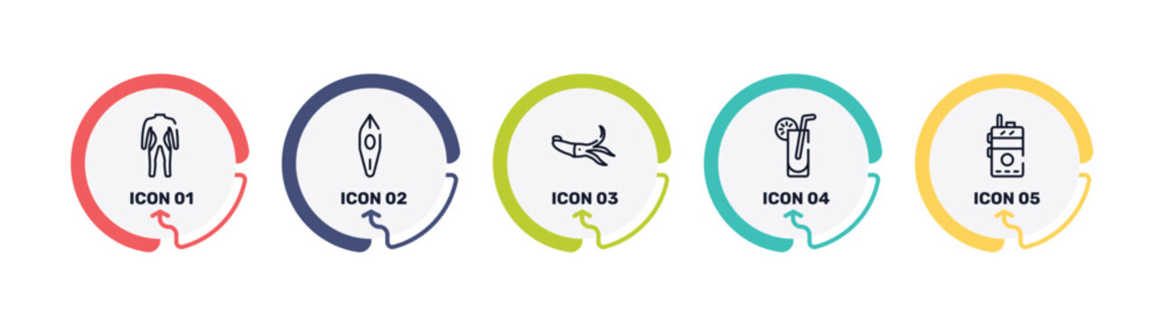 hunting outline icon set featuring diving suit, canoe, squid, lemonade icons.